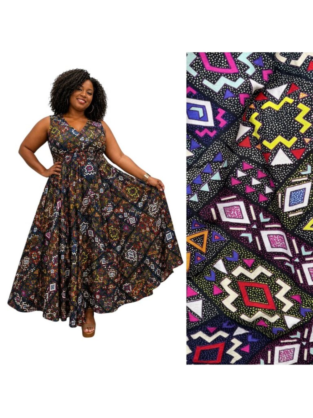 Ashro Afrocentric Sleeveless Full Midi‎ Dress Flax Cotton Retro Maximalist 18W